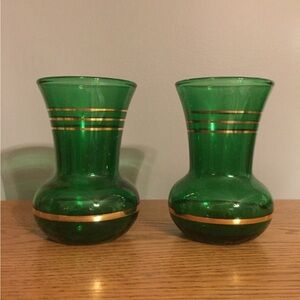 Antique set of 2 Green vases with Gold trim